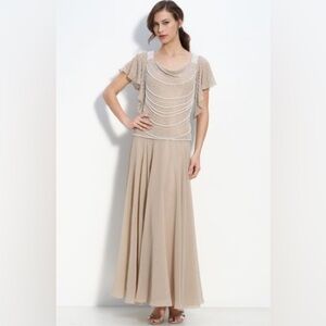 (R3) JKARA vintage Size 14 Full Length Champagne Beaded Formal Dress NWT